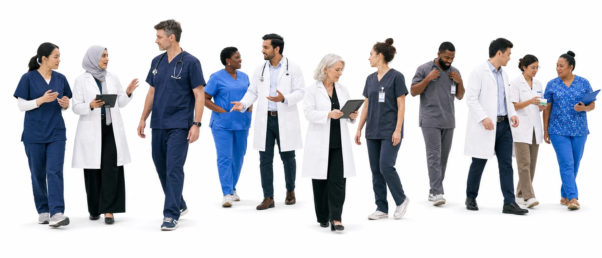 A diverse group of Australian doctors, nurses, pharmacists and scientists walking and talking