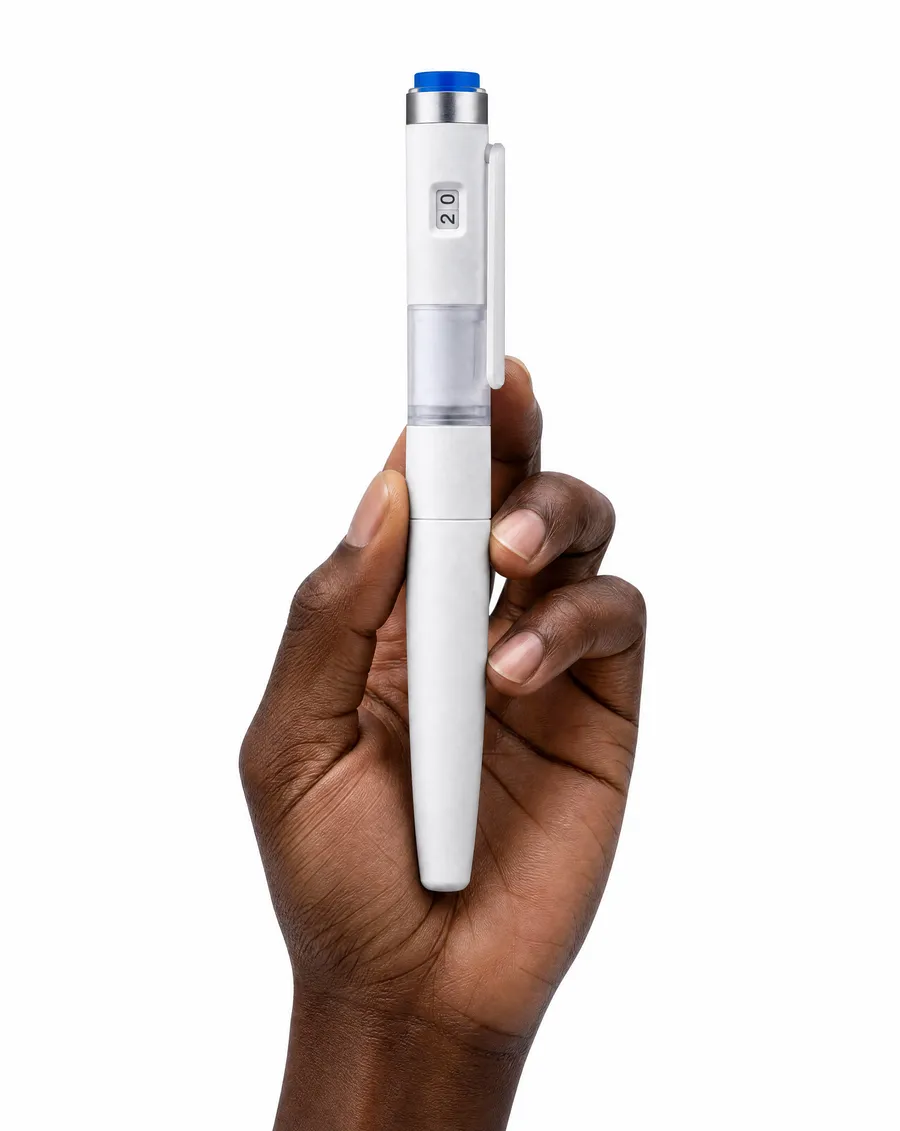 A hand holding the Pep Pen upright