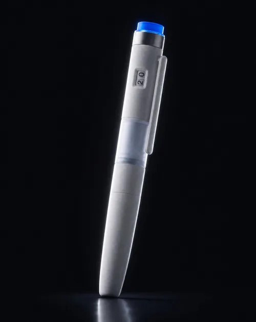 The Pep Pen standing upright with the dose dial and electric-blue indicator ring lit against a dark background